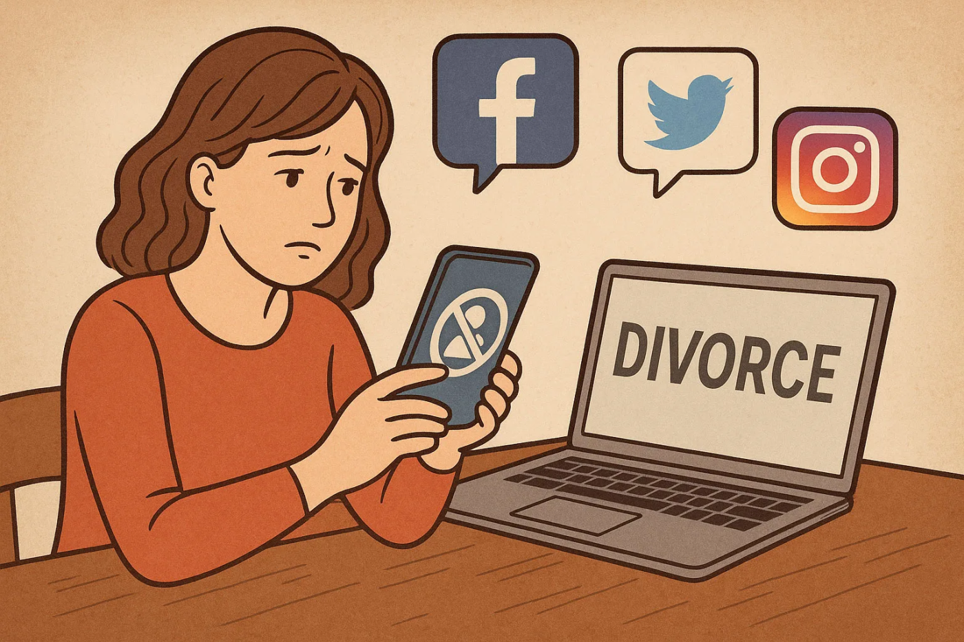 Cartoon woman looking at phone with computer displaying divorce