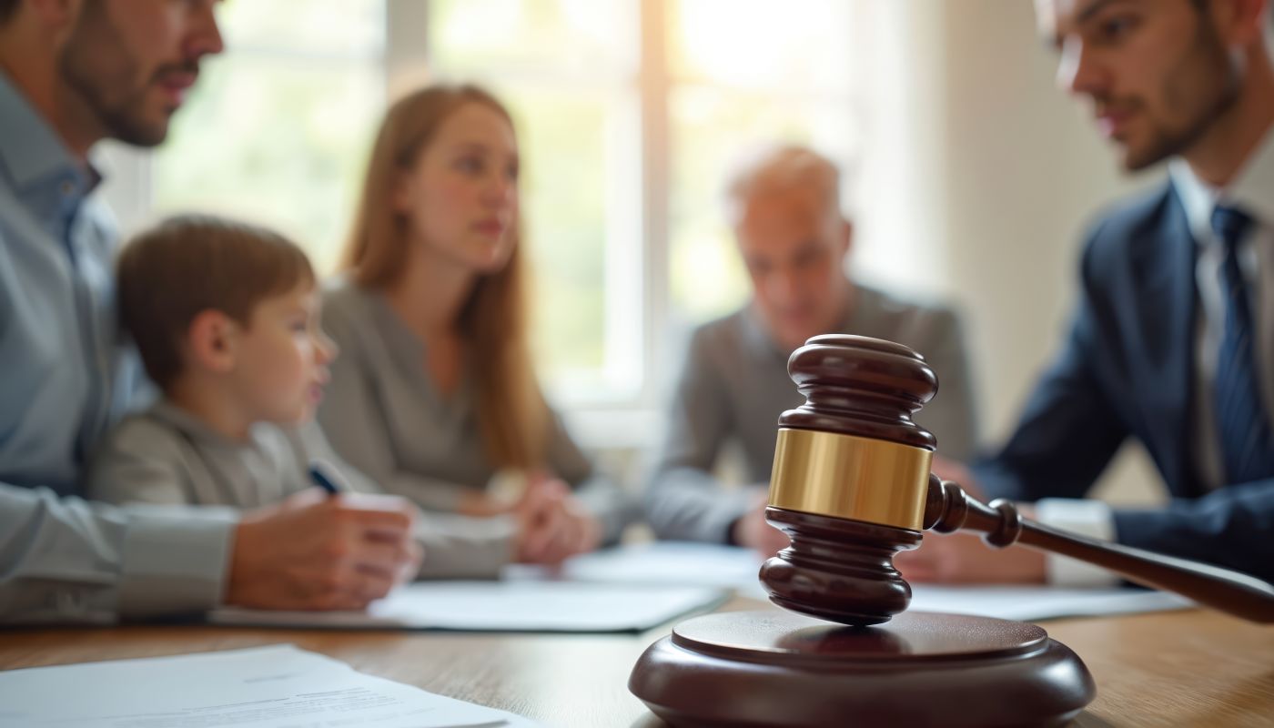 Divorced parents with child meeting with family lawyer