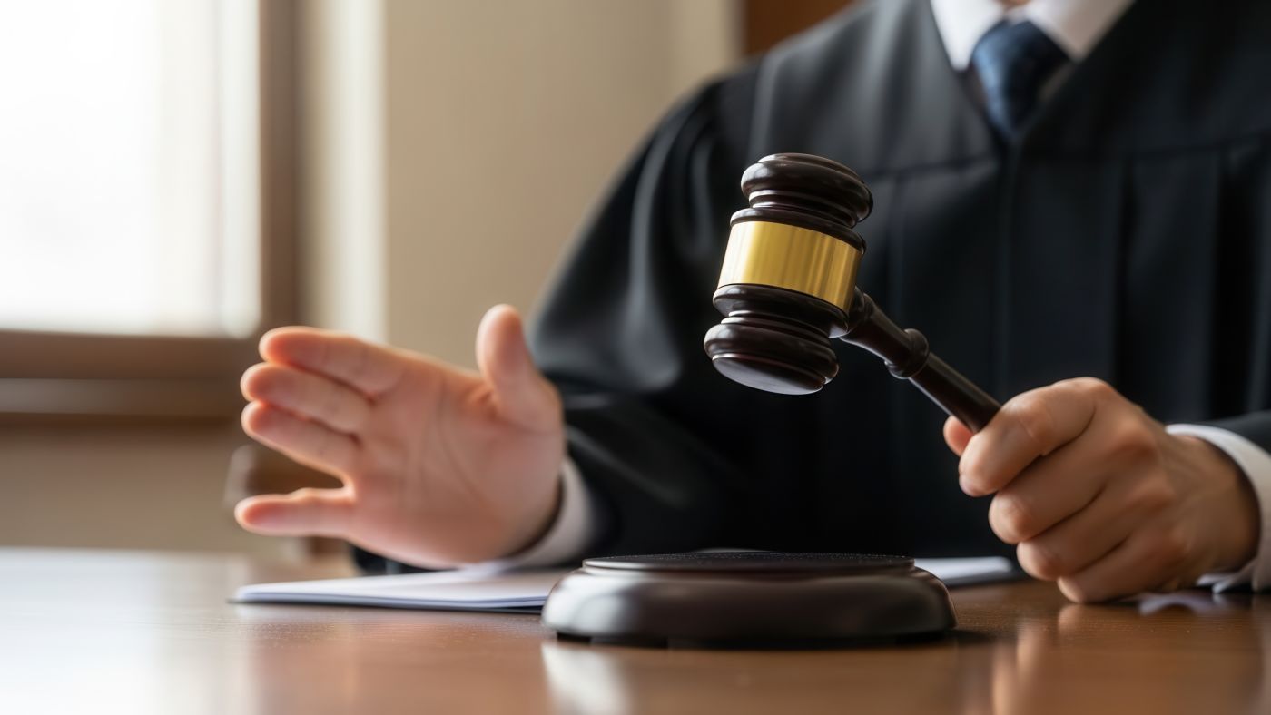Close up of a judge hand hitting the wooden gavel in a courtroom