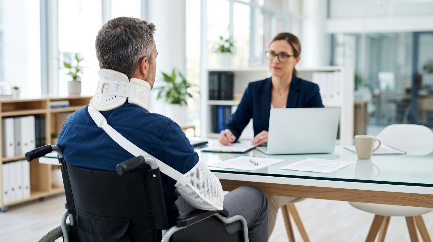 Injured man consulting with an attorney
