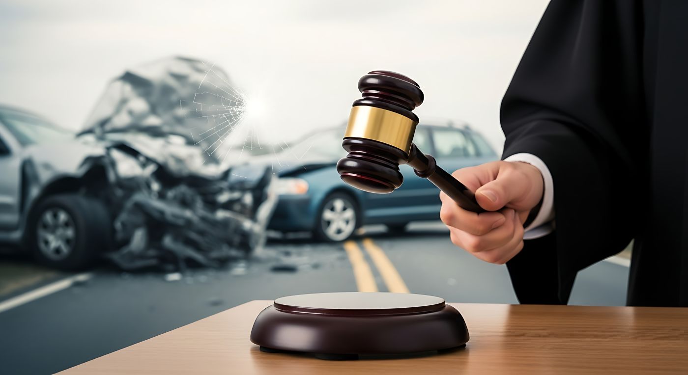 Car accident lawsuit with judge holding gavel