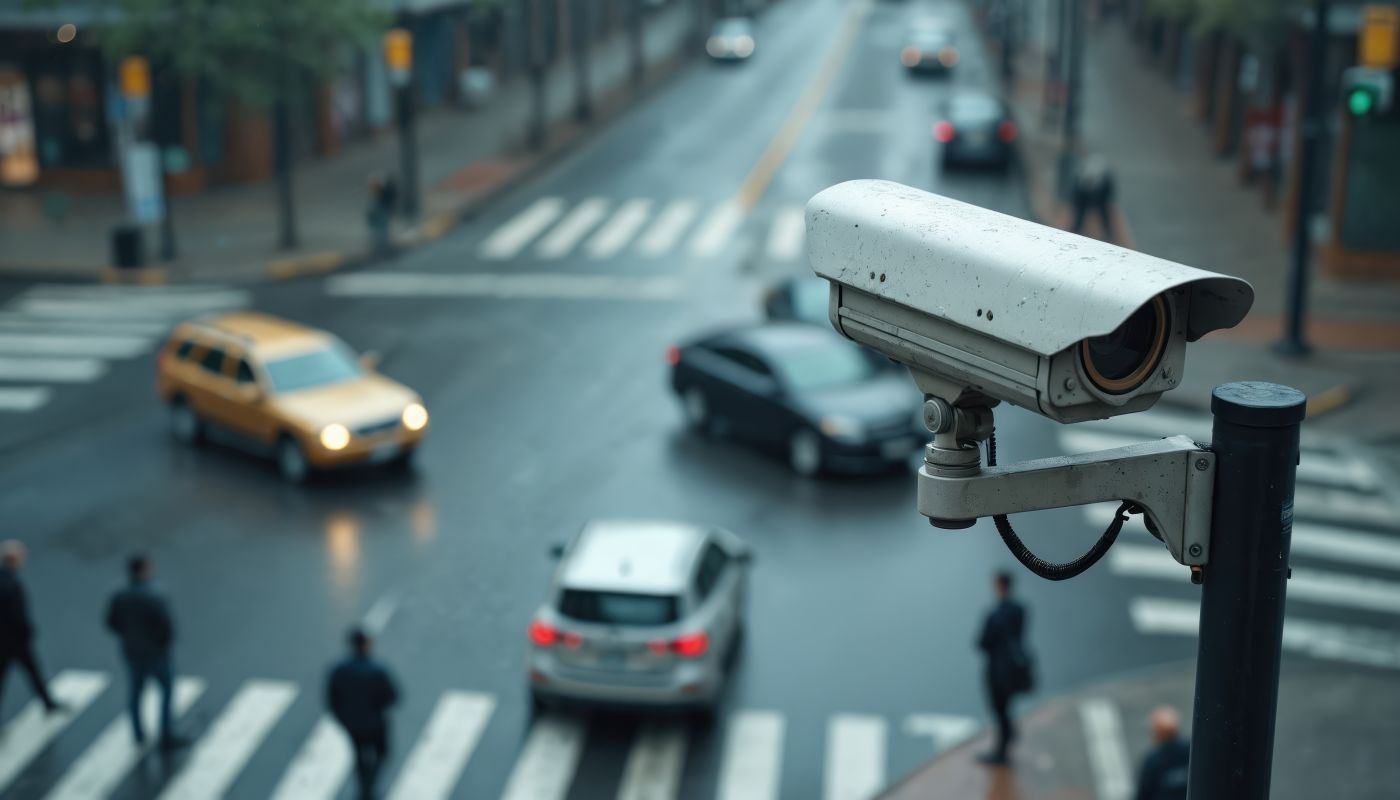 Security camera watches busy city street