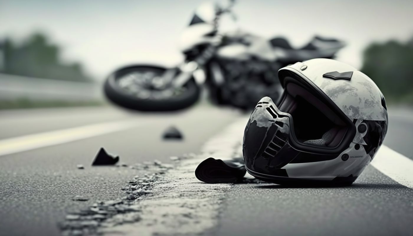 Motorcycle accident with broken motorbike and helmet on road