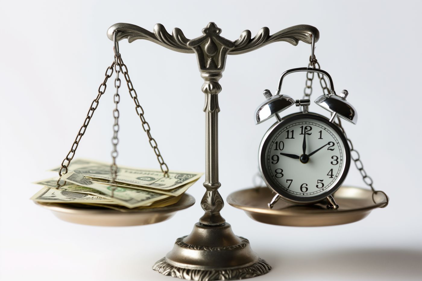 Scale with dollar bill and clock on each end
