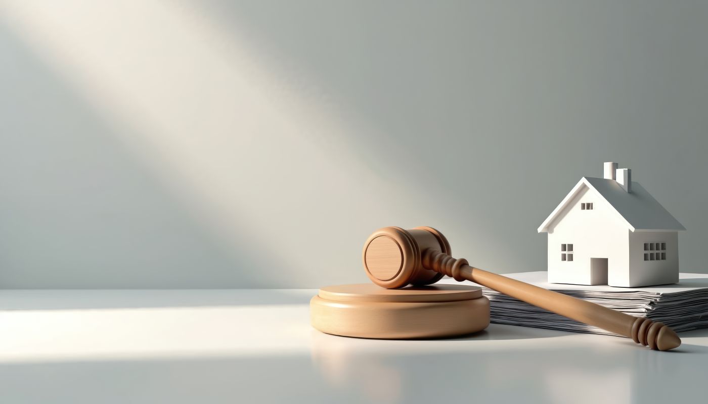 Gavel and house model in table