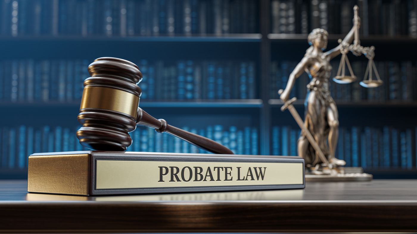 Gavel and Probate Law text on board in table