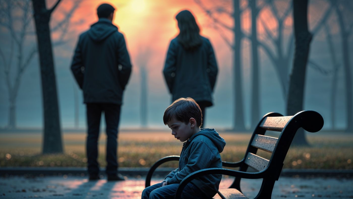 young boy on a park bench with mom and dad in the background