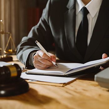 Man in a suit writing in a booklet