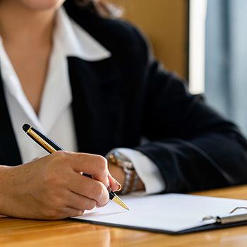 A business woman writing at her desk