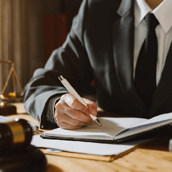 lawyer working at desk, writing in his booklet