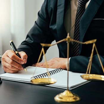 Attorney writing in his notes with a justice scale near him