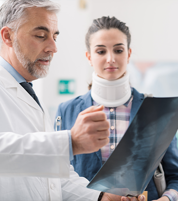 Doctor examining a young female patient's x-ray