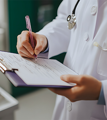 A doctor in a white coat writing notes on a clipboard in a medical setting
