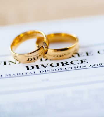 Broken wedding ring and divorce paper