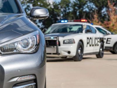 Police car with lights on behind another car 