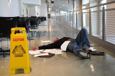 man lying on the ground with papers scattered in front of a caution wet floor sign