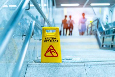 Caution wet floor sign at the top of stairs