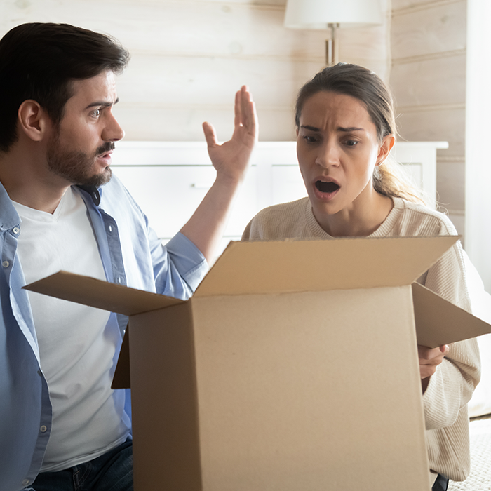 angry mad clients customers getting their order from online store damaged