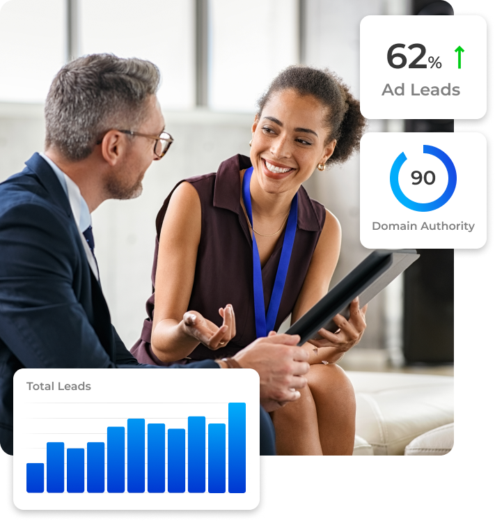a man and woman sitting and discussing digital marketing for law firms