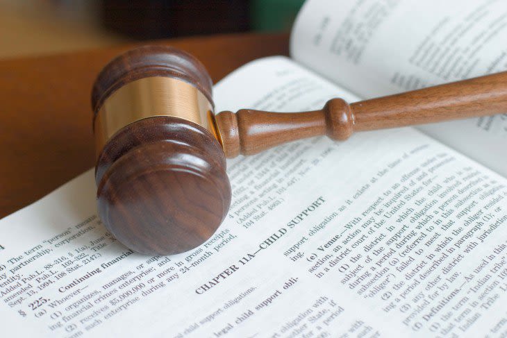 Gavel resting on law book, open to child support chapter
