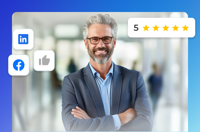 a man wearing a casual suit smiling with social media graphics floating around him