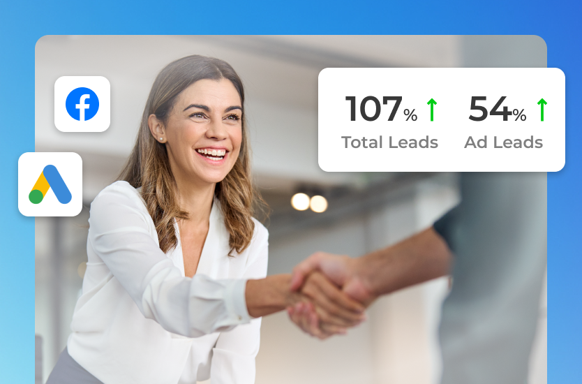 a woman smiling and shaking a client's hand with graphics showing increased lead values