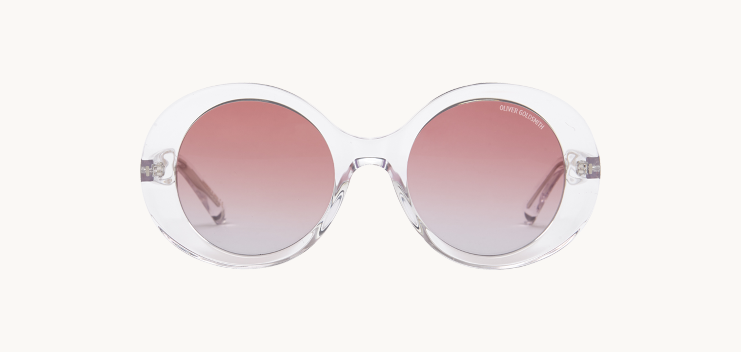 Lunettes de soleil 1960's - , Oliver Goldsmith, Ronde Papillon, de couleur Rose Transparent.