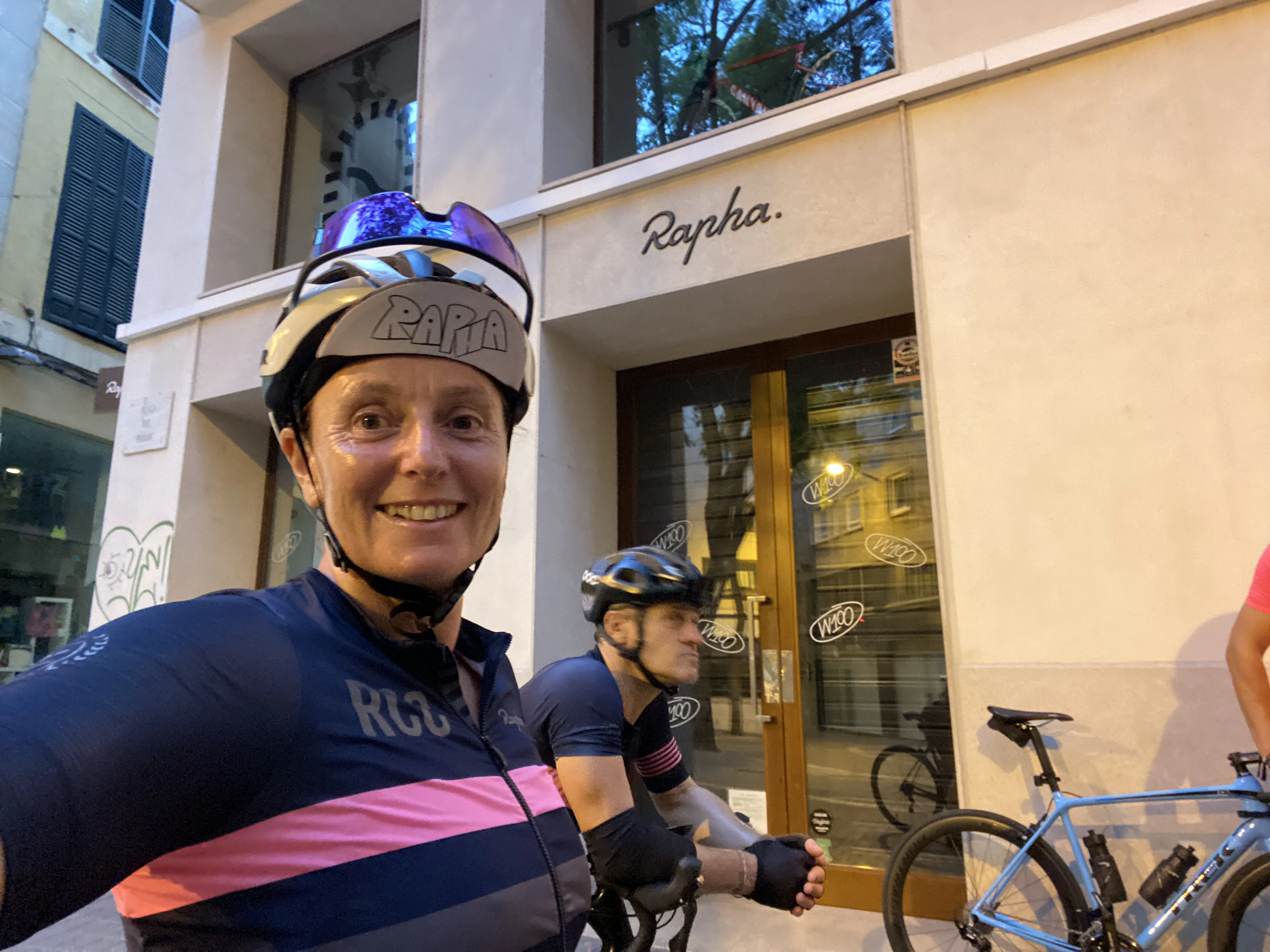 in cycling gear outside Rapha club