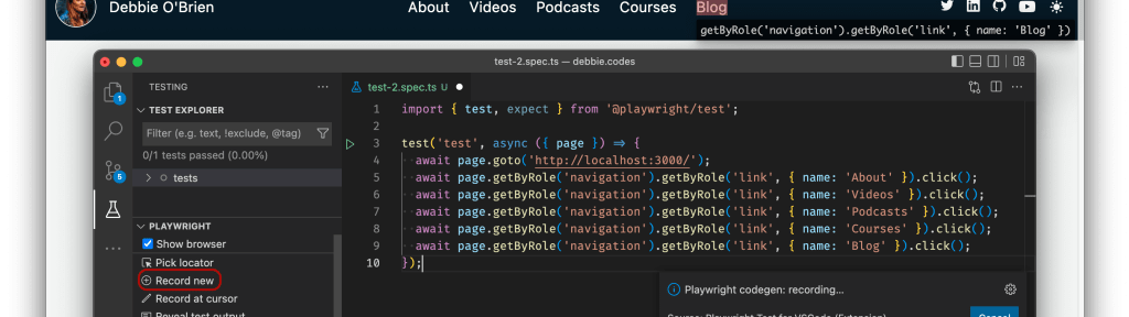 browser window showing highlighted element and inspector window with explore showing the locator highlighted