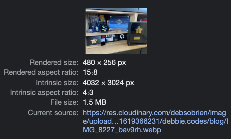 inspecting the image shows large file size of 1.5mb