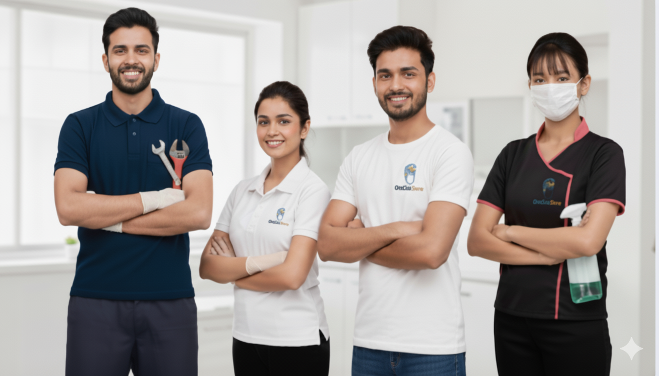 A team of diverse service professionals smiling