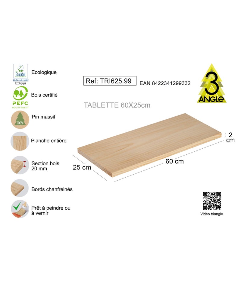 TABLETTE PIN SANS NOEUDS 60X25X2CM