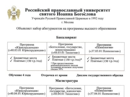 Объявлен набор абитуриентов из епархий в Российский православный университет святого Иоанна Богослова для поступления в 2025 году