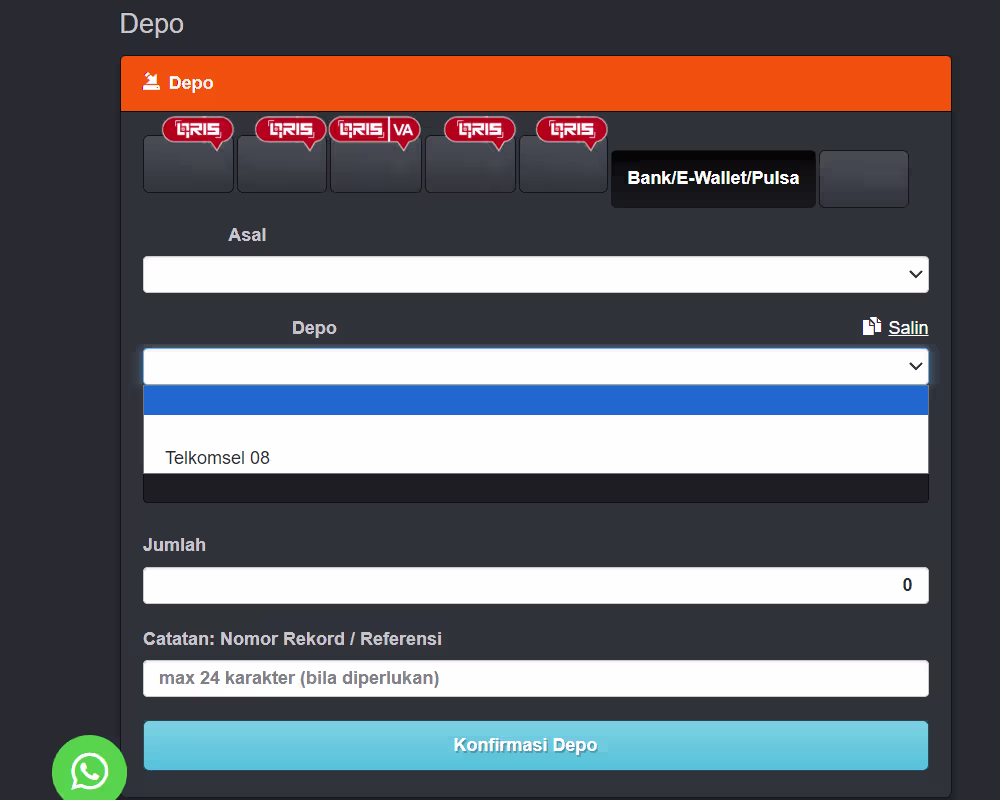 Pilih operator di dropdown