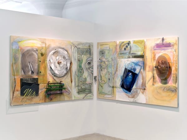 Anima Reflections
,2024
;chalk on wood and paper, paint on plastic, glass, melted and manipulated mirror, and borosilicate, metal, string, cork, acorns, mallet, assemblage; 48x150x7 inches. With help from  Paradise Framing, LA, Charles Mathis and 2nd Best Studios, LA.
  Photography by Brica Wilcox