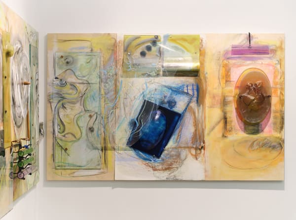 Anima Reflections (Diptych II)
,2024
;chalk on wood and paper, paint on plastic, glass, melted and manipulated mirror and glass, borosilicate, metal, string, oil, assemblage; 48x7x7 inches. With help from  Paradise Framing, LA, Charles Mathis and 2nd Best Studios, LA.
  Photography by Brica Wilcox.