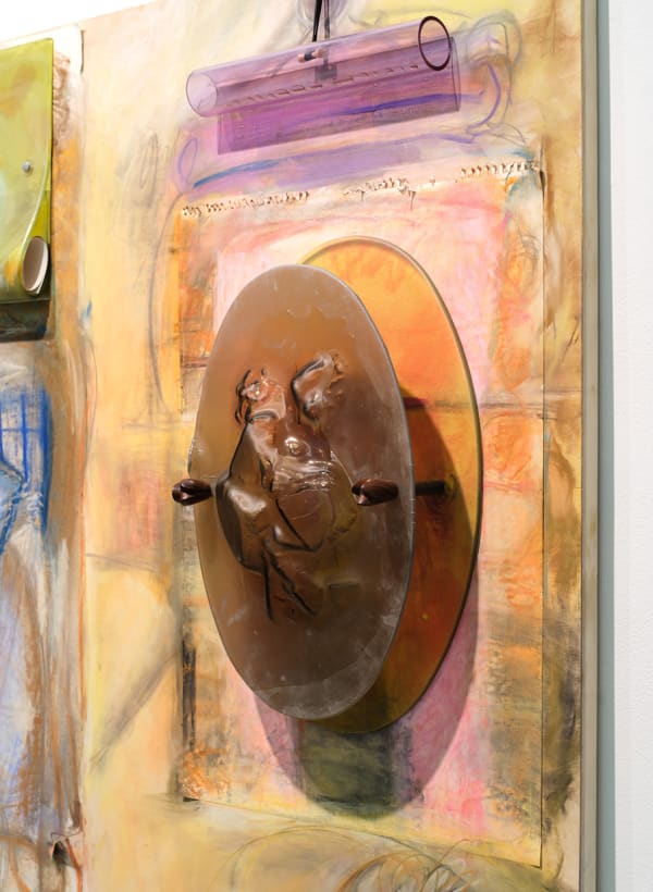 Anima Reflections, detail of Rupaul Area, 2024
; chalk on wood and paper, paint on plastic, glass, melted and slumped mirror, and borosilicate with oil and rubber, wood and metal. With help from  Paradise Framing, LA, Charles Mathis and 2nd Best Studios, LA.
  Photography by Brica Wilcox.