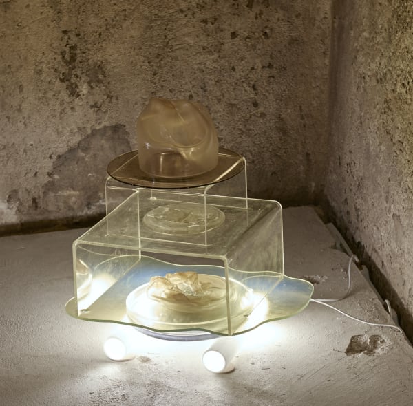 Go Easy With Me IV, glass assemblage- slumped mirror, cellphone, computer screens, vases, acrylic and electrical fixture,approx 2',  "In Practice: Material Deviance", SculptureCenter, New York, 2017
Photo: Kyle Knodell