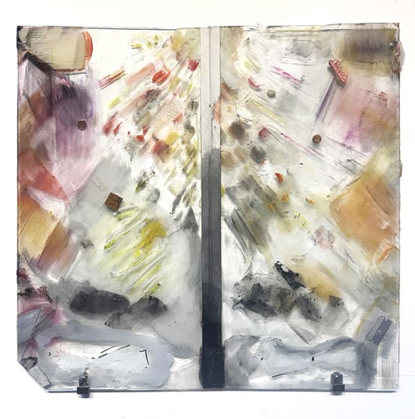 First Glass, 2026; glass, paint, wax, metal, razor, chalk, ink, oil....; 20x20inches