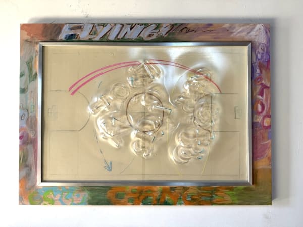Flying Changes, 2026; slumped sheet glass over poem, paint, chalk, ink and pencil on paper, plastic and wood and metal frame; 30x36x3 inches