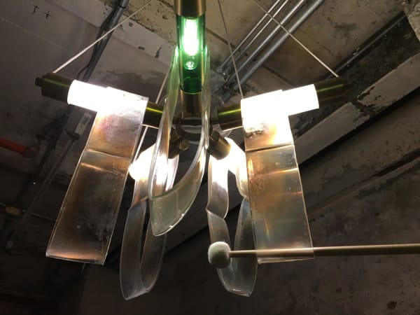 Go Easy With Me II, borosilicate, melted mirror and computer screen, electrical fixtures and mallet, approx 4'x2', "In Practice: Material Deviance", SculptureCenter, New York, 2017
Photo: Kyle Knodell
