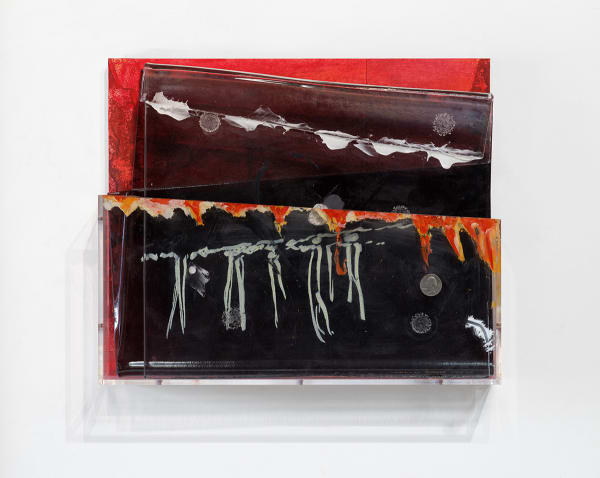 Opaquely Bright (for Layli Long Soldier), 2025; wood, chalk, photo print, slumped glass (Kathy Gray), slumped two way mirror, paint, coins;14 x 17 x 3".Thanks to Paradise Framing, Los Angeles. Photography by Brica Wilcox.