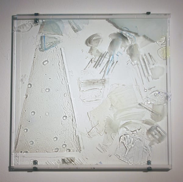 Neglect, 2004, paint and razors and qtips on glass, 22x22x1/4 inch
