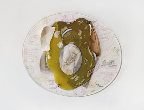 Glass Canon (Doodle Piece), 2025; plastic, mirror, marker, burnt mirror, paint, chalk, pencil, metal; 30x36x4 inches. 
Photograph by Brica Wilcox. Framing thanks to Paradise Framing, LA.
