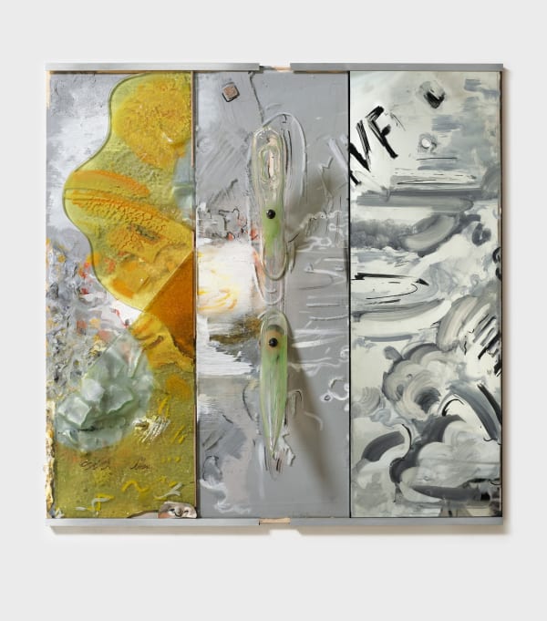 IVF Piece, 2025; wood, chalk, paint and marker on wood, paper, burnt slumped and fused mirror, glass and two-way mirror, borosilicate, nails and leather,metal; 30.5x30 x7 inches.
Photography by Brica Wilcox. Glass help thanks to Second Best Studio, LA. Framing thanks to Paradise Framing, LA.