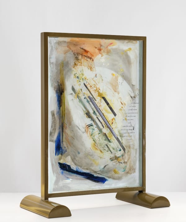 "In America" Piece (For Susan Sontag), 2025; lead and paint and printed text on glass, metal armature; 30x24x12 inches. 
Photography by Brica Wilcox. Framing thanks to Nick Rodrigues.