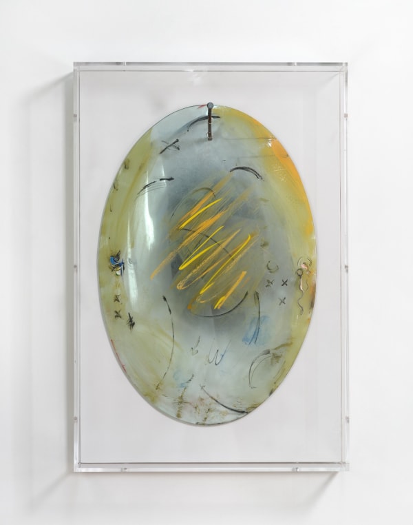 Glint Piece IV ( for Jawlensky), 2025; paint, marker, mirror and wire on found glass, plastic frame, nail; 24.5x16.5x7 inches.
Photograph by Brica Wilcox. Framing thanks to Paradise Framing, LA.