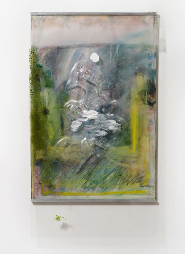 Waterfall Piece V, 2025; chalk on paper, paint, marker and flocking on plastic and slumped glass; 43x24.5x3 inches. Photography by Brica Wilcox. Glasswork with help from Second Best Studio, LA. Framing thanks to Paradise Framing, LA.