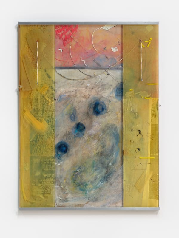 Bathroom Mirror Piece, 2024; chalk on paper, paint and marker on plastic, metal and burnt bathroom mirrors, string, wood and metal frame; 32.5x24x1 inches. Photography by Brica Wilcox. Framing thanks to Paradise Framing, LA.