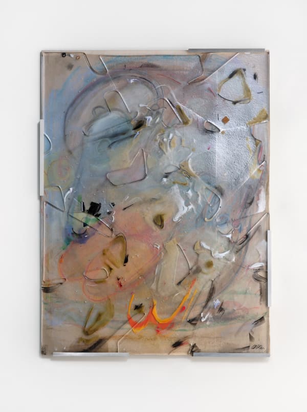 Porous Screen (Big), 2025; chalk on paper, paint and mirror on plastic, broken fused window glass; 40.5x30.5x1 inches. Photography by Brica Wilcox. Glass with help from Second Best Studio, LA. Framing thanks to Paradise Framing, LA.